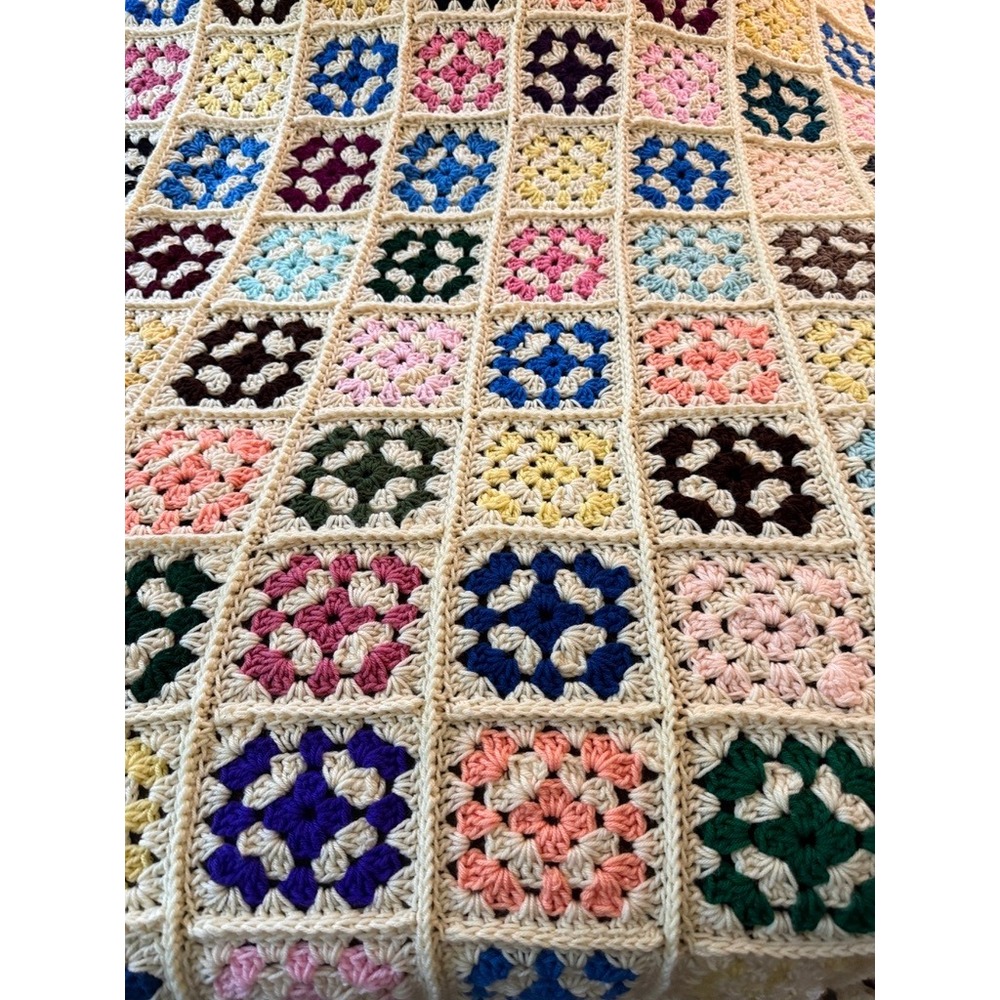 Handmade Crochet Granny Square Blanket Multicolor Cream 50x74